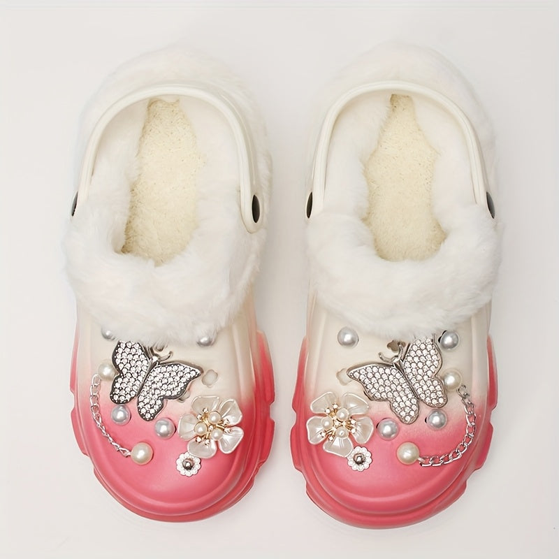 1 Pair Women'S Winter Flannel-Lined EVA Clogs, Casual Gradient Color Slippers with Butterfly and Flower Embellishments, Warm Indoor House Shoes with Positioning Printing